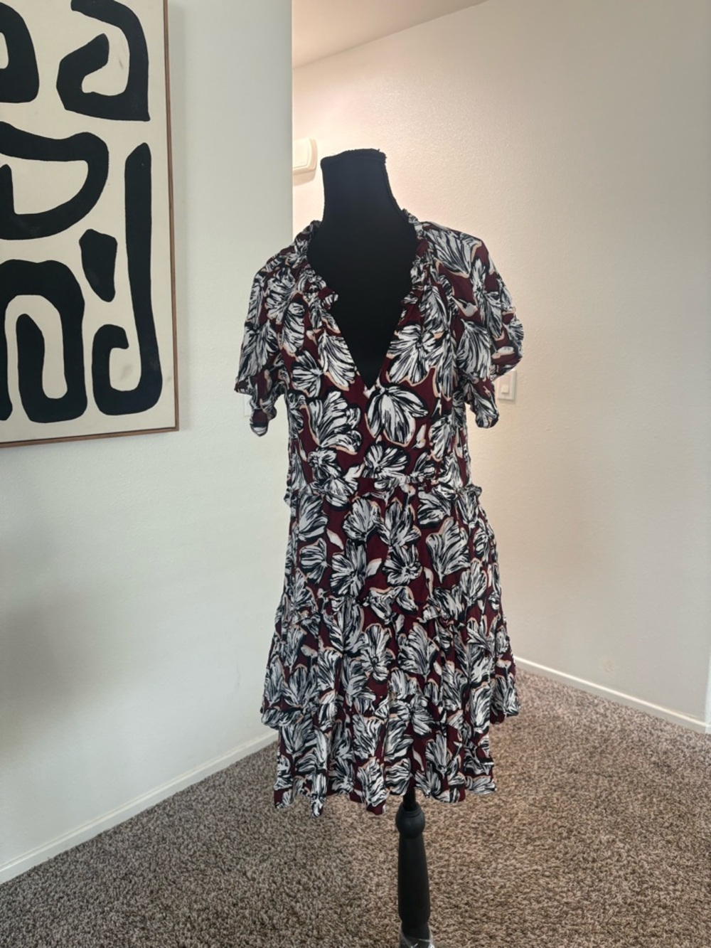 Anthropologie Burgundy and White Floral Ruffle Mini Dress Cottagecore Size Small